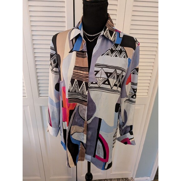 NIC + ZOE Blouse Women's S Jigsaw Bold Geo Abstract Art To Wear Button-Up Shirt - Picture 9 of 14